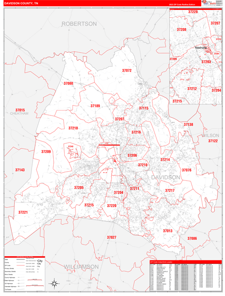 Davidson County Zip Code Map Davidson County, TN Zip Code Wall Map Red Line Style by MarketMAPS