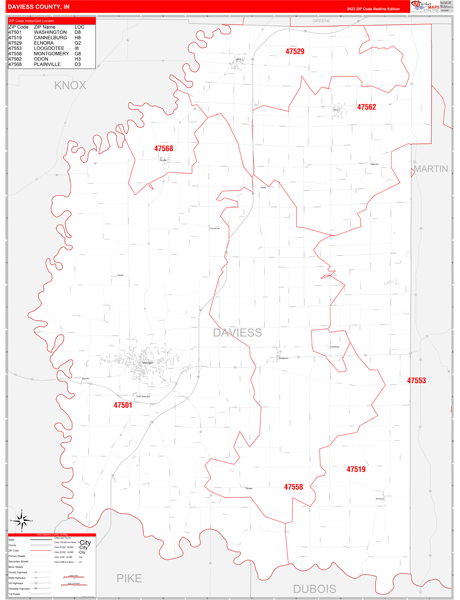 Daviess County, IN Map Red Line Style