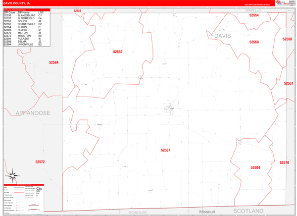 Davis County, IA Wall Map Red Line Style