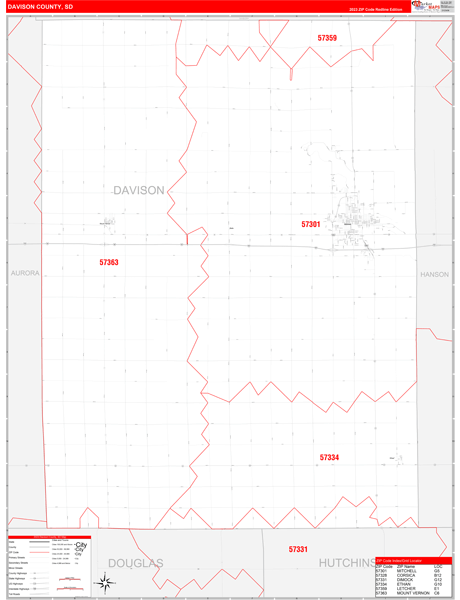 Davison County, SD Wall Map Red Line Style