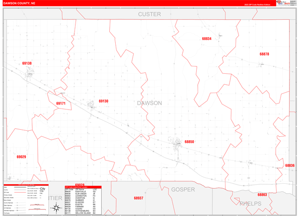 Dawson County, NE Zip Code Wall Map Red Line Style by MarketMAPS - MapSales