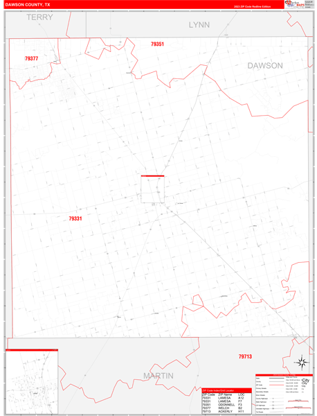 Dawson County, TX Wall Map Red Line Style