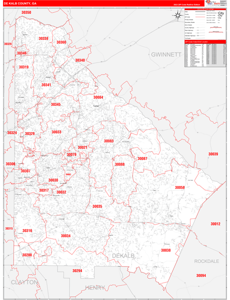 DeKalb County, GA Wall Map Red Line Style