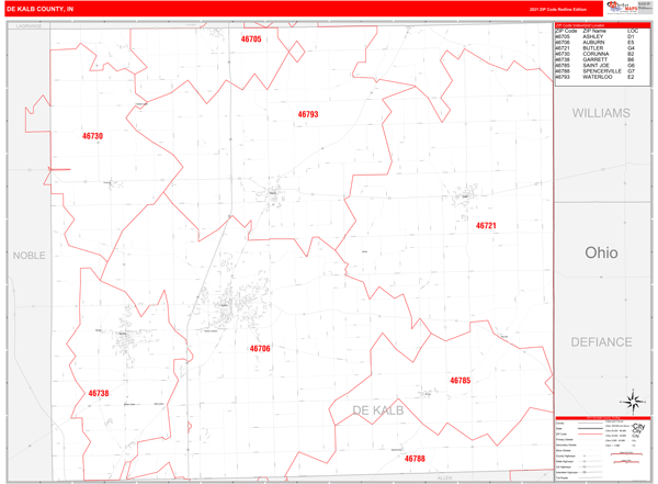 DeKalb County, IN Map Red Line Style