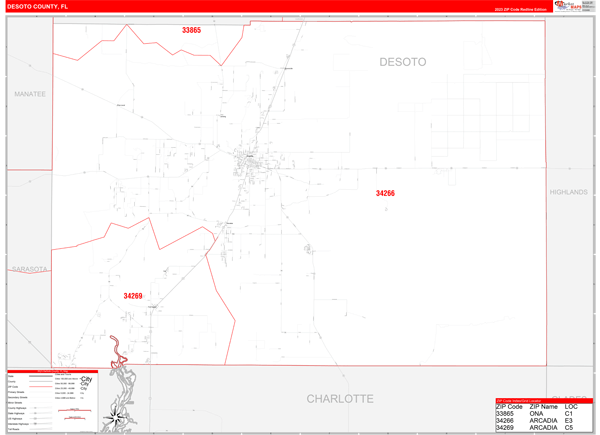 DeSoto County, FL Wall Map Red Line Style