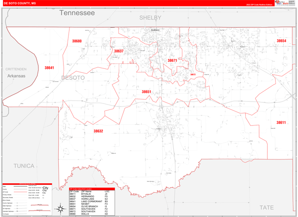 Ms Zip Code Map DeSoto County, MS Zip Code Wall Map Red Line Style by MarketMAPS