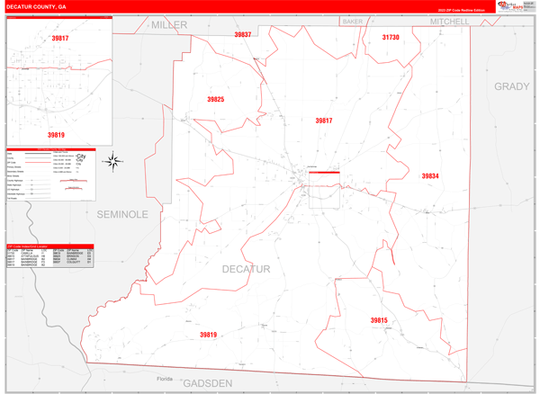 Decatur County, GA Wall Map Red Line Style