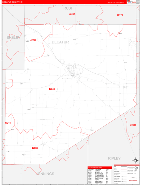 Decatur County, IN Wall Map Red Line Style