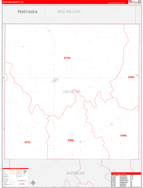 Decatur County, KS Zip Code Wall Map