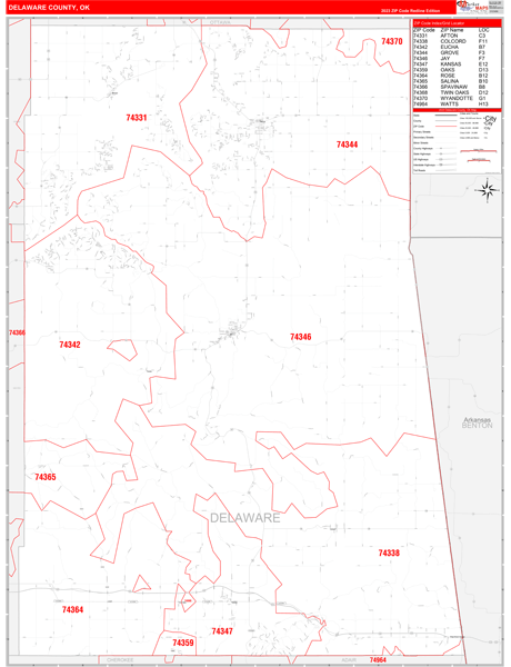 Delaware County, OK Wall Map Red Line Style