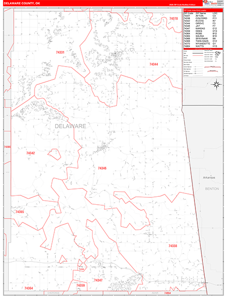 Delaware County, OK Zip Code Wall Map