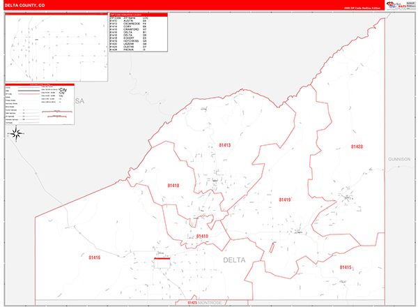 Delta County, CO Wall Map Red Line Style
