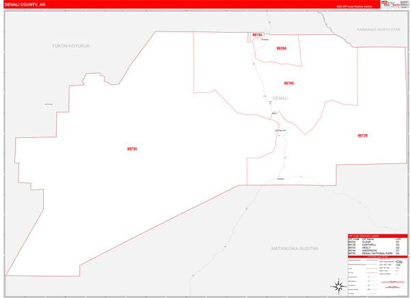 Denali Borough (County), AK Wall Map Red Line Style