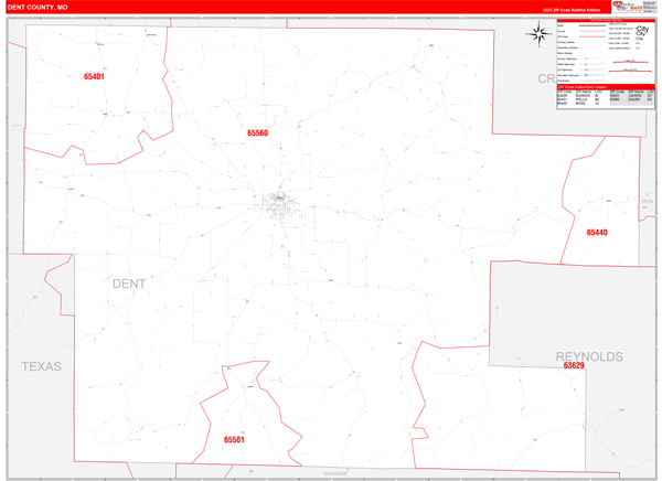 Dent County, MO Wall Map Red Line Style