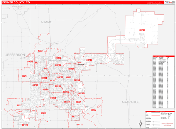 Denver County Wall Map Red Line Style