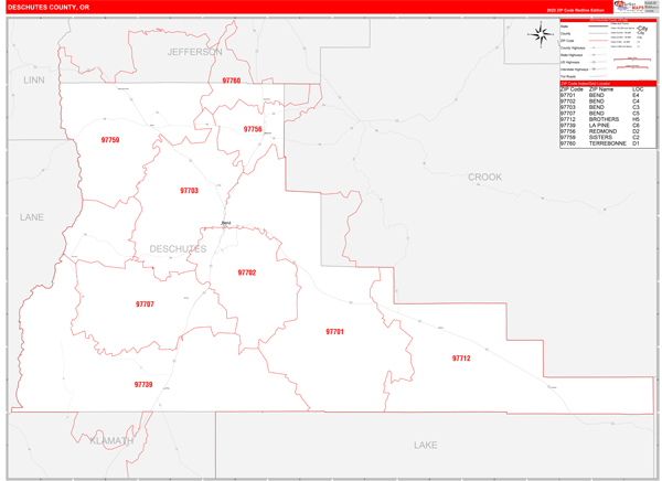 Deschutes County Wall Map Red Line Style