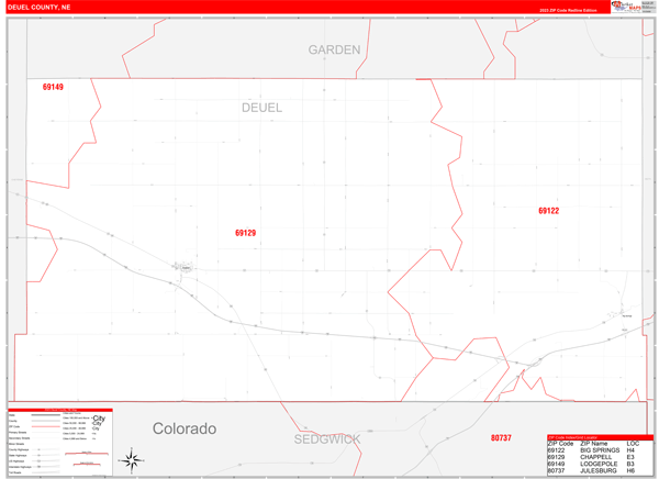 Deuel County, NE Wall Map Red Line Style