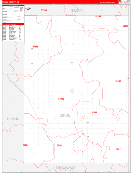 Deuel County, SD Wall Map Red Line Style