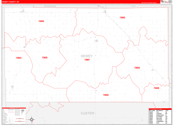 Dewey County, OK Wall Map Red Line Style