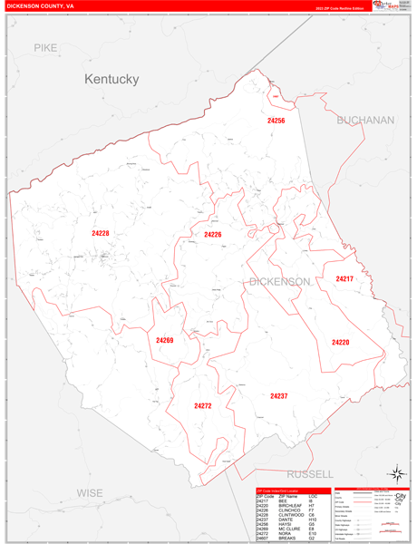 Dickenson County, VA Zip Code Wall Map