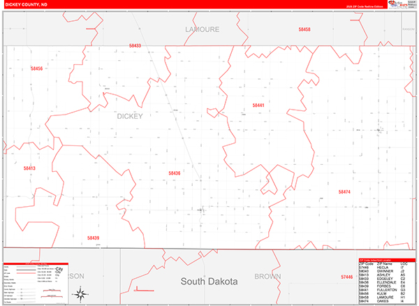 Dickey County, ND Wall Map Red Line Style