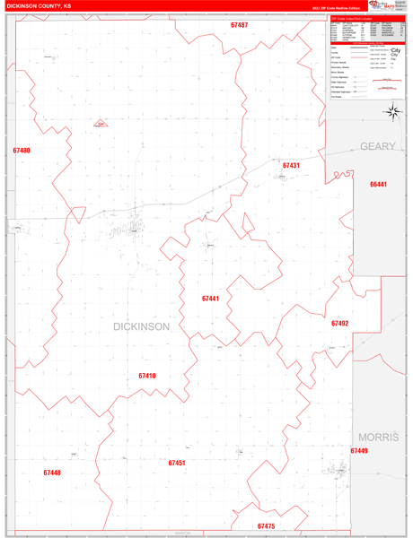 Dickinson County, KS Wall Map Red Line Style