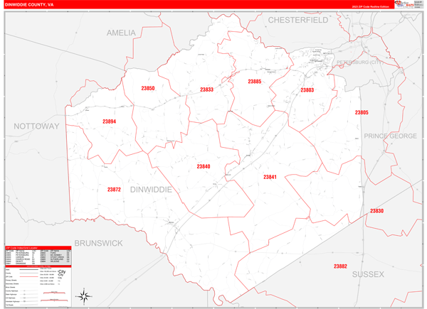Dinwiddie County Wall Map Red Line Style