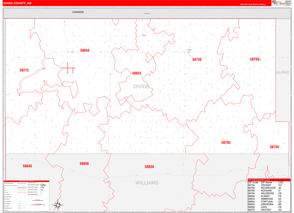 Divide County Digital Map Red Line Style