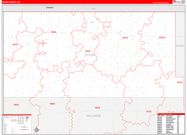Divide County, ND Wall Map Red Line Style