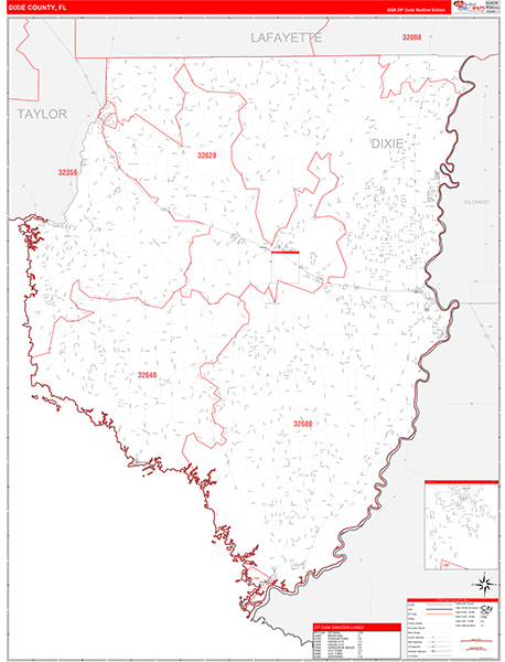 Dixie County, FL Wall Map Red Line Style