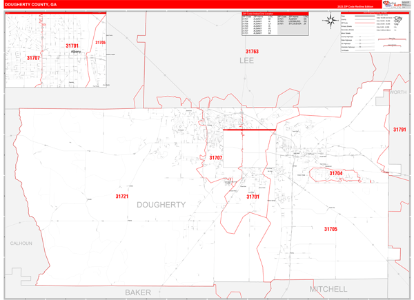 Dougherty County Wall Map Red Line Style