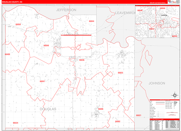Douglas County, KS Zip Code Wall Map