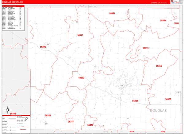 Douglas County, MN Wall Map Red Line Style