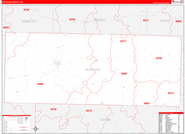Douglas County, MO Wall Map Red Line Style