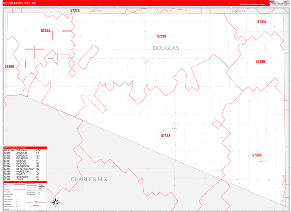 Douglas County, SD Wall Map Red Line Style