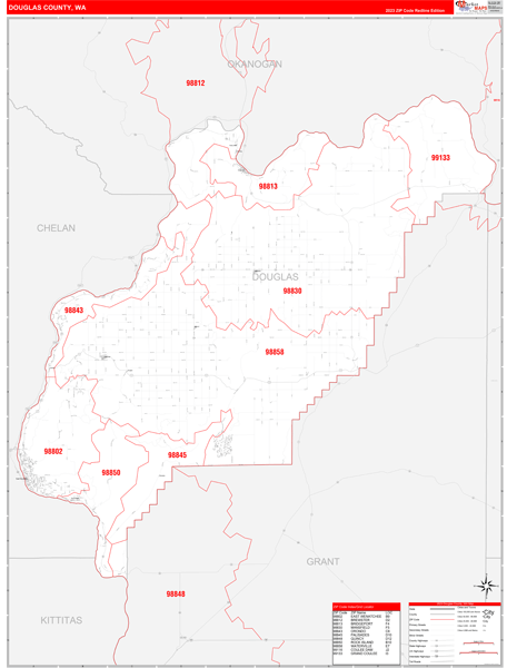 Douglas County, WA Wall Map Red Line Style