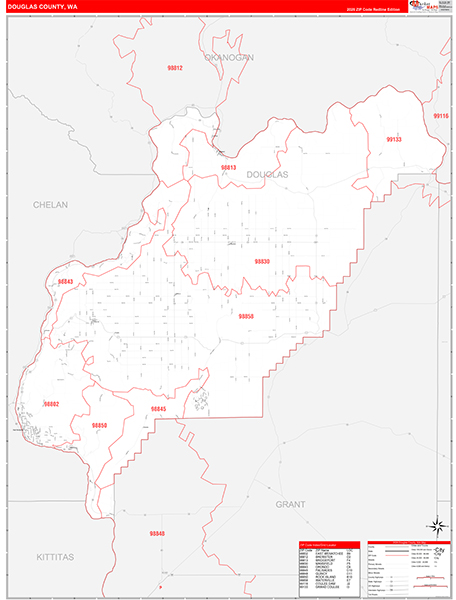 Douglas County, WA Wall Map Red Line Style