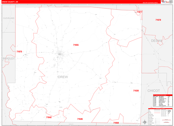 Drew County, AR Wall Map Red Line Style