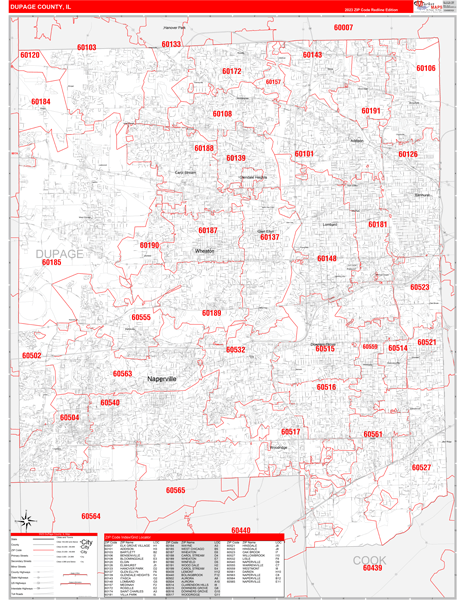 DuPage County, IL Wall Map Red Line Style