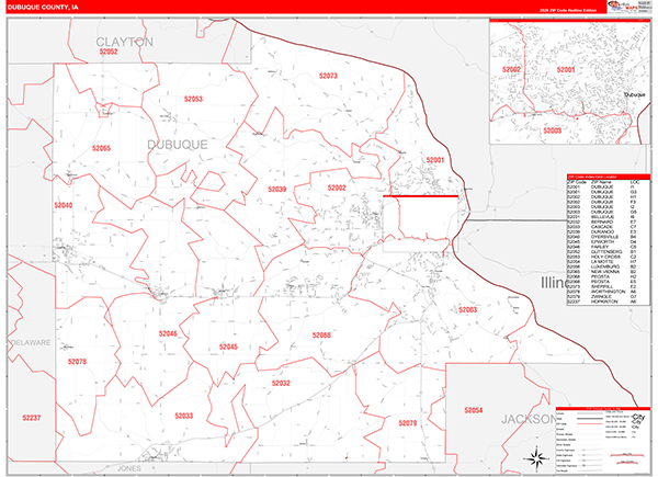 Dubuque County, IA Wall Map Red Line Style