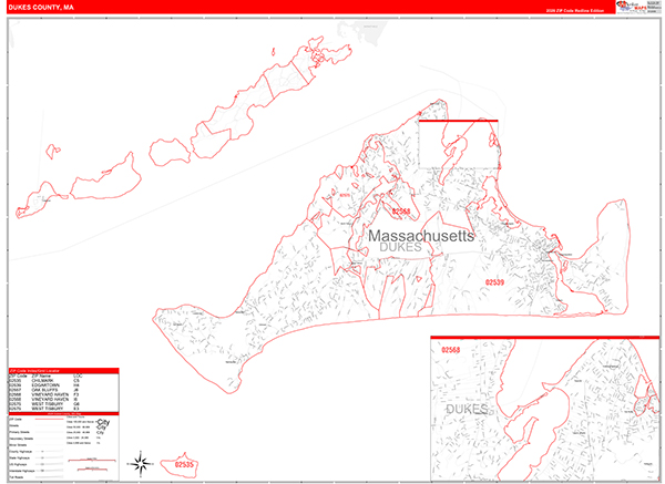 Dukes County, MA Wall Map Red Line Style