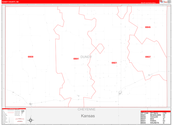 Dundy County Wall Map Red Line Style