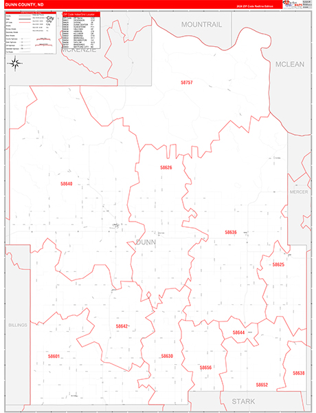 Dunn County, ND Wall Map Red Line Style