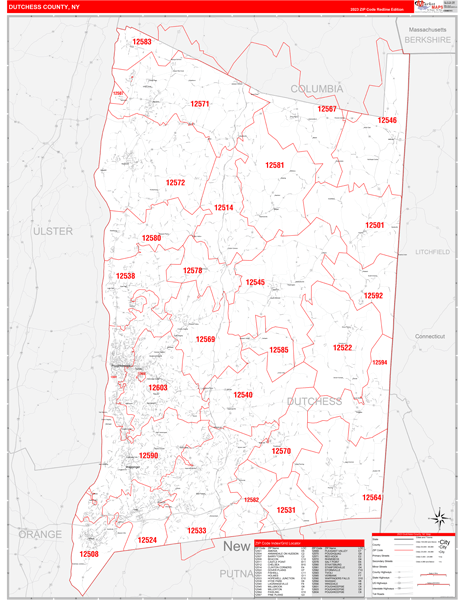 Dutchess County Wall Map Red Line Style