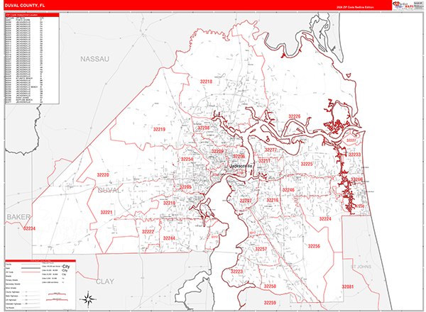 Duval County, FL Wall Map Red Line Style