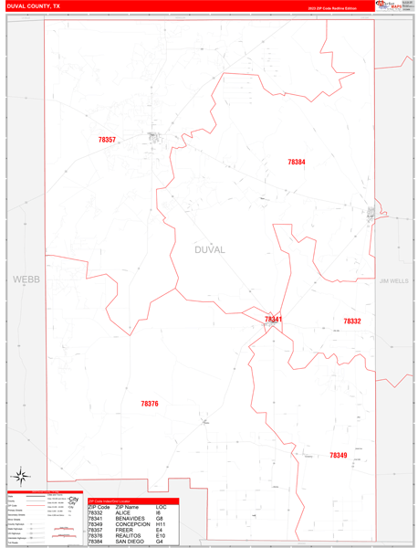 Duval County, TX Wall Map Red Line Style