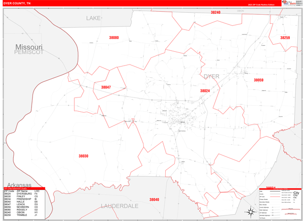 Dyer County Digital Map Red Line Style