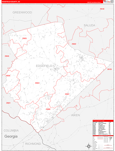 Edgefield County Wall Map Red Line Style