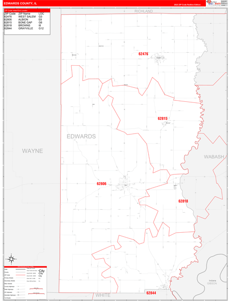 Edwards County, IL Zip Code Wall Map