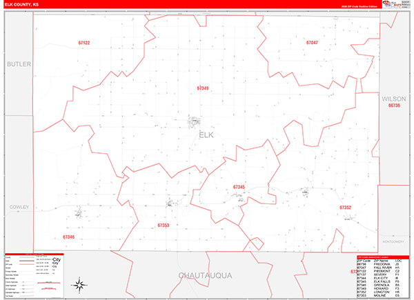 Elk County, KS Wall Map Red Line Style